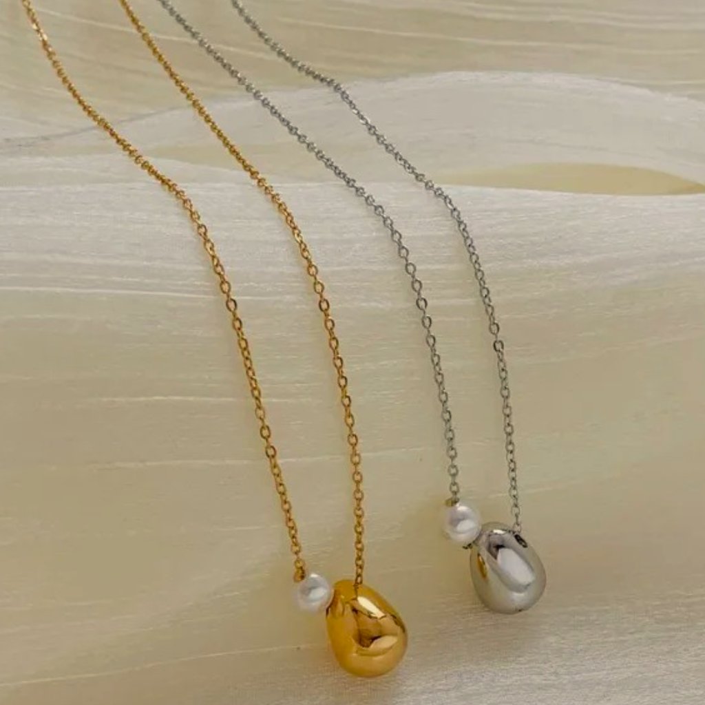 18k White Gold Dipped Water Drop With A Pearl Droplet Dainty Dangle Necklace 79$